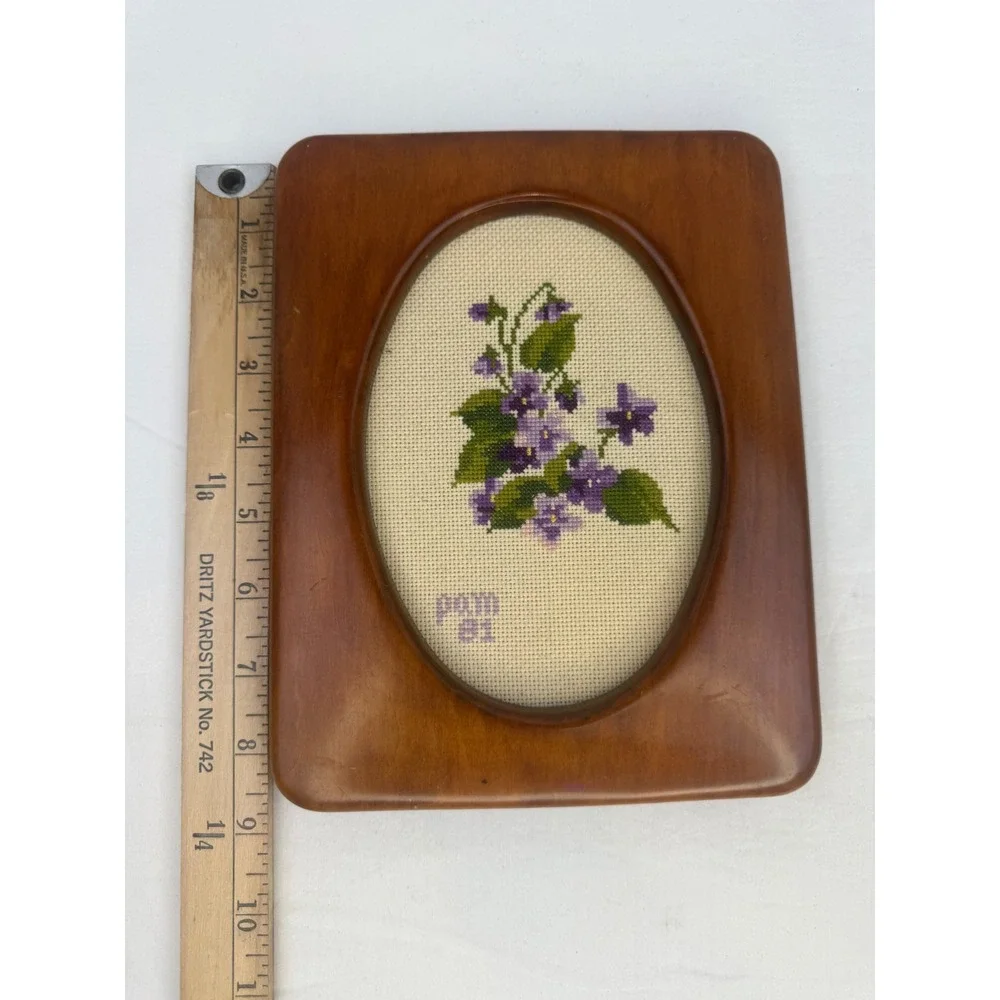 Vintage 80's Hand Stitched Violet Cross Stitch Floral Oval Wood Frame 7x9